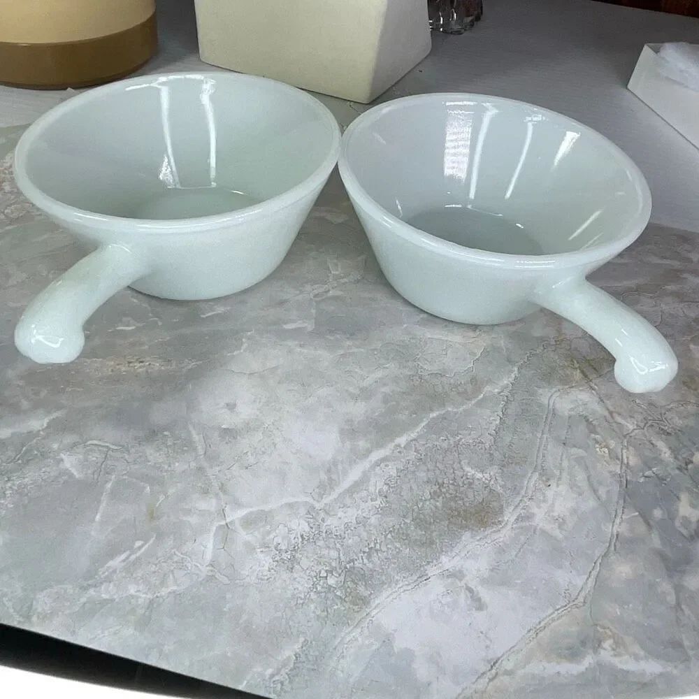 VTG lot of 2 Anchor Hoking Fire King milk glass soup bowls.
